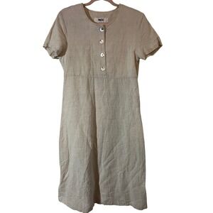 Poetic Linen Blend Dress Size 6 Minimalist Oatmeal Beige Shell Button Midi